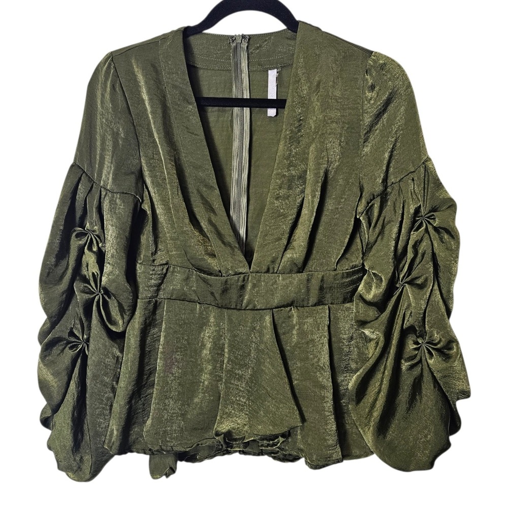 Small Olive Green Peplum Top Deep‎ V Neck Balloon Sleeve Party Blouse Whimsygoth